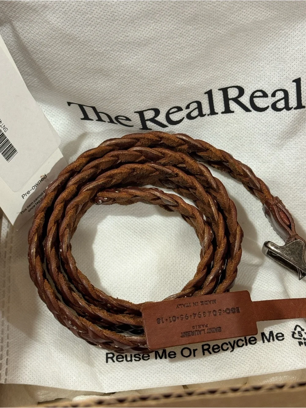 Saint Laurent Braided Leather Studded Brown Belt with Silver Buckle